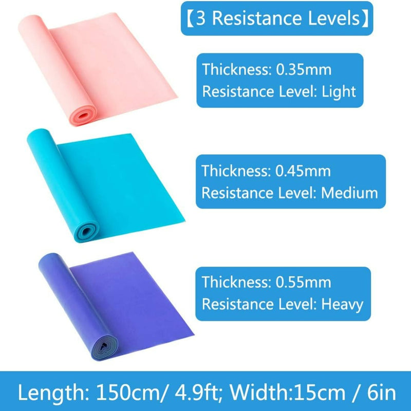 Laad afbeelding in Galerijviewer, De &quot;Versterk je training met onze duurzame fitness weerstandsbanden&quot; omvat drie banden: roze (licht, 0,35 mm), blauw (medium, 0,45 mm) en paars (zwaar, 0,55 mm). Ze zijn elk 150 cm lang en 15 cm breed, ideaal voor krachttraining of het verbeteren van de flexibiliteit op elk fitnessniveau.

