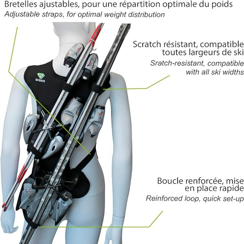 Laad afbeelding in Galerijviewer, Op een etalagepop staat de tekst &quot;Skiën zonder je handen te gebruiken? Met de skiback is het mogelijk!&quot; ski-draagvest, opvallende verstelbare bandjes, krasbestendigheid voor verschillende skibreedtes en een versterkte lus. Het ontwerp zorgt voor comfort en compactheid voor de behoeften van elke skiër.
