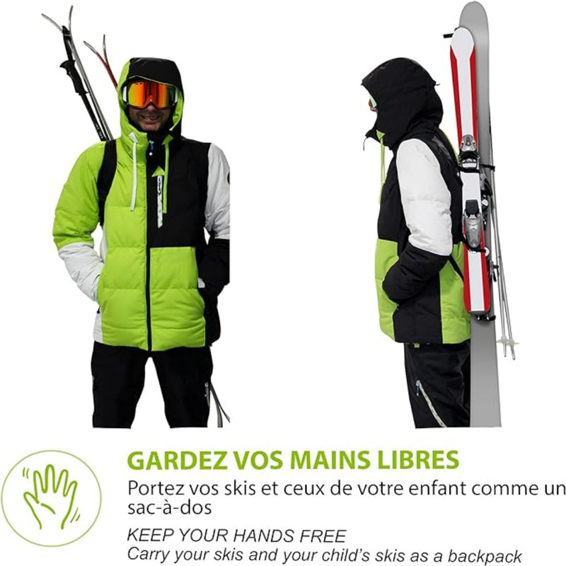 Laad afbeelding in Galerijviewer, Met de Skiback, een groen-zwarte ski-outfit, kunt u uw ski&#39;s als een rugzak dragen met een speciaal riemsysteem voor handsfree skiën, wat comfort en compactheid garandeert.
