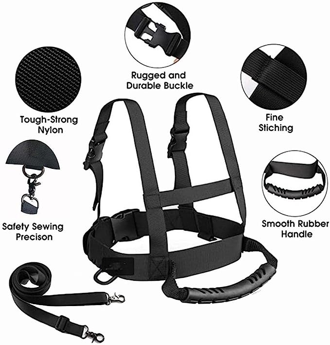 Laad afbeelding in Galerijviewer, Ervaar ultieme veiligheid en comfort met ons Optimaal begeleid skituigje. Deze zwarte hondentuig en lijnset, perfect voor wintersportavonturen, heeft een duurzame gesp, nylon materiaal, fijne stiksels, rubberen handvat en nauwkeurig veiligheidsnaaien om de veiligheid van uw hond te garanderen bij elk avontuur.
