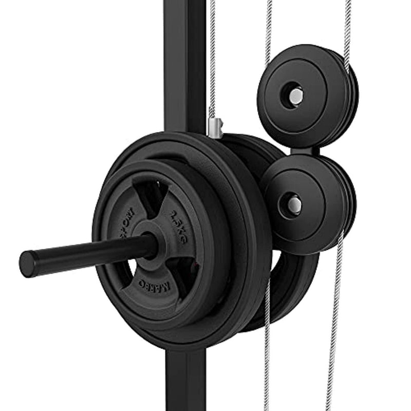 Laad afbeelding in Galerijviewer, Close-up van de &quot;Sport je lichaam tot perfectie met de sport cable crossover machine&quot;, met Europese topkwaliteit. Deze zwarte uitrusting is voorzien van zichtbare kabels, ronde gewichten, halterschijven en katrollen, wat de diverse trainingsmogelijkheden benadrukt.
