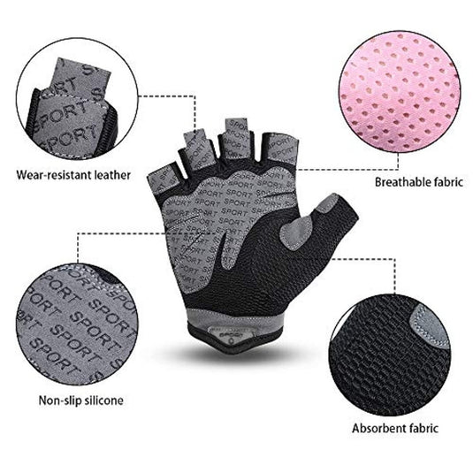 De Verbeter je training fitness handschoenen zijn voorzien van slijtvast leer, ademende roze stof ter bescherming, absorberend materiaal en antislip siliconen. Gelabelde delen benadrukken de unieke eigenschappen van de handschoenen en bieden ultiem comfort in microvezel.