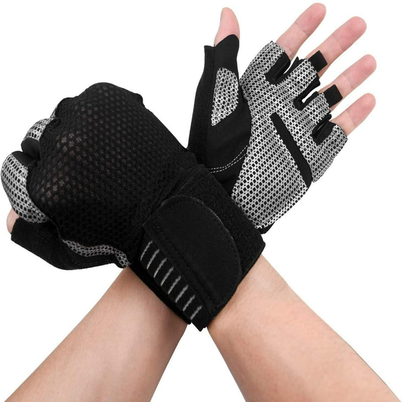 Laad afbeelding in Galerijviewer, Twee handen dragen Verbeter je training premium fitness handschoenen zijn gekruist bij de polsen. Deze comfortabele handschoenen hebben een mesh-ontwerp en verstelbare banden, wat uitstekende bescherming biedt tijdens trainingen.
