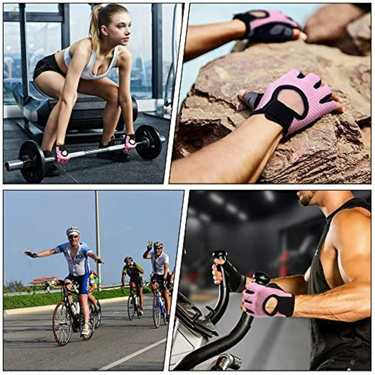 Collage van fitnessactiviteiten: vrouw die gewichten heft, fietser buiten, premium microvezel fitness handschoenen op rotsen, man op hometrainer.