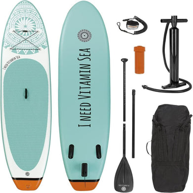 De Stand-up paddleboard Vitamine Sea set is perfect voor beginners en gevorderden en bestaat uit een blauwgroen board met 