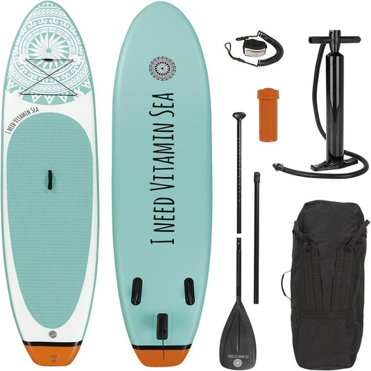 De Stand-up paddleboard Vitamine Sea set is perfect voor beginners en gevorderden en bestaat uit een blauwgroen board met 
