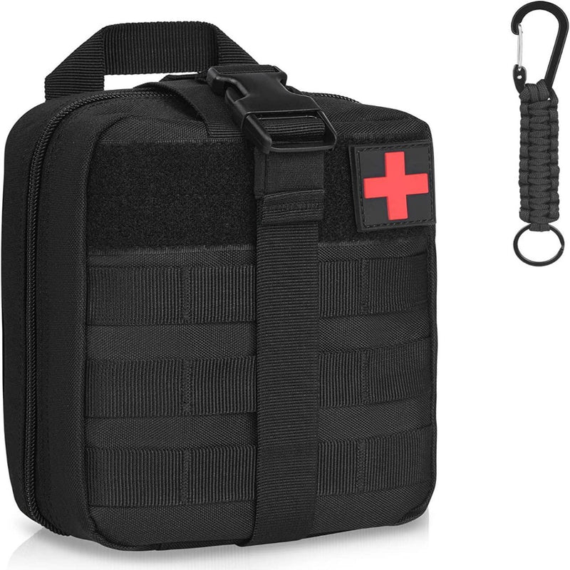Laad afbeelding in Galerijviewer, Ontdek de ultieme avonturierscompagnon: een zwarte tactische heuptas voor buitenactiviteiten, gemaakt van waterdicht en slijtvast 600D nylon. Met een rood kruisembleem, molle-band en een klein afneembaar haakaccessoire.
