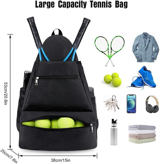 Upgrade je tennisgame met onze stijlvolle en functionele zwarte tennistas, grote capaciteit, voorzien over vakken voor rackets, ballen, kleding, schoenen in een speciaal schoenenvakje, telefoon, hoofdtelefoon, fles en sleutels. Gemaakt van duurzaam polyesterweefsel; afmetingen vermeld.