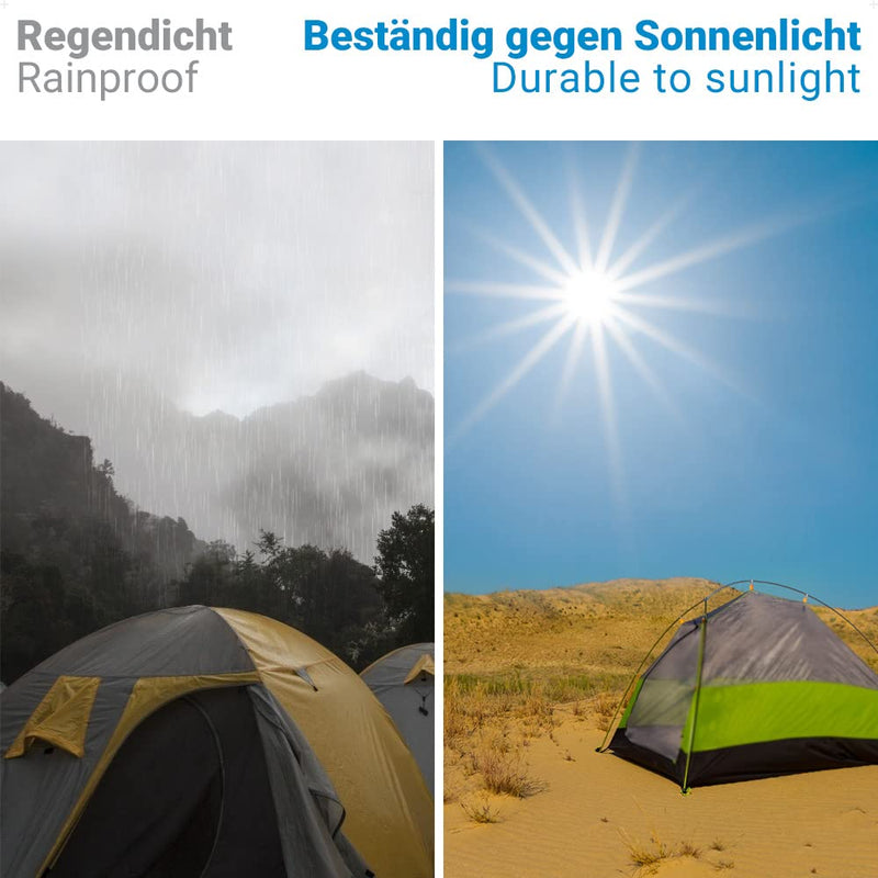 Laad afbeelding in Galerijviewer, De afbeelding toont een tent met links &quot;Waterdicht&quot; die regen trotseert en rechts &quot;Durable to sunshine&quot; in de zon. Tenttape: de onmisbare reparatietape voor je tent voor naadloze reparaties—perfect voor avonturiers.
