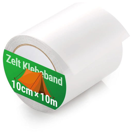 Het product "Tent tape: de onmisbare reparatietape voor je tent" is perfect voor waterdichte reparaties en wordt geleverd als een transparante rol met het label "Zelt Klebeband, 10cm x 10m" en een oranje tentpictogram.