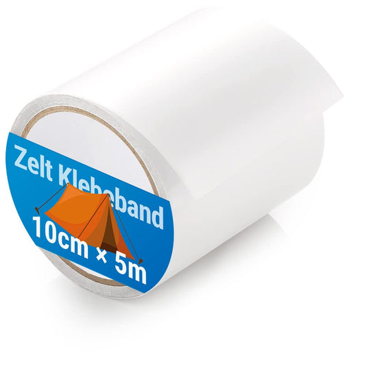 Een rol witte plakband, "Tent tape: de onmisbare reparatietape voor je tent," met een oranje tenticoon. Het is waterdicht en meet 10 cm x 5 m, ideaal voor snelle reparaties.