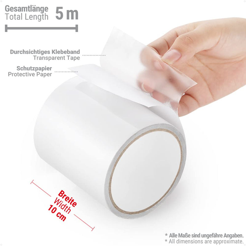 Laad afbeelding in Galerijviewer, Er is een hand te zien die het beschermpapier van een transparante rol tenttape verwijdert: de onmisbare reparatietape voor je tent, ongeveer 5 meter lang en 10 centimeter breed, en een waterdichte reparatieoplossing biedt.
