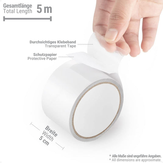 Een hand trekt beschermend papier van een rol tenttape, genaamd "Tenttape: de onmisbare reparatietape voor je tent," die 5 meter lang en 5 cm breed is. Tekst in het Duits en Engels geeft aan dat de afmetingen bij benadering zijn.