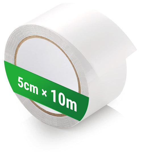 Een rol "Tent tape: de onmisbare reparatietape voor je tent" met een groen label, 5 cm bij 10 m, in de kleur wit.