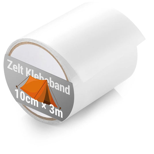 Een rol witte tenttape, met het opschrift "Tenttape: de onmisbare reparatietape voor je tent", van 10 cm x 3 m, ideaal voor waterdichte reparaties.
