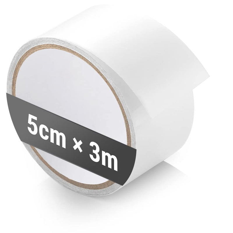 Laad afbeelding in Galerijviewer, Een rol doorzichtige plakband met het opschrift &quot;5 cm x 3 m&quot; met een zwarte band op een witte achtergrond, ideaal als tenttape: de onmisbare reparatietape voor je tent.
