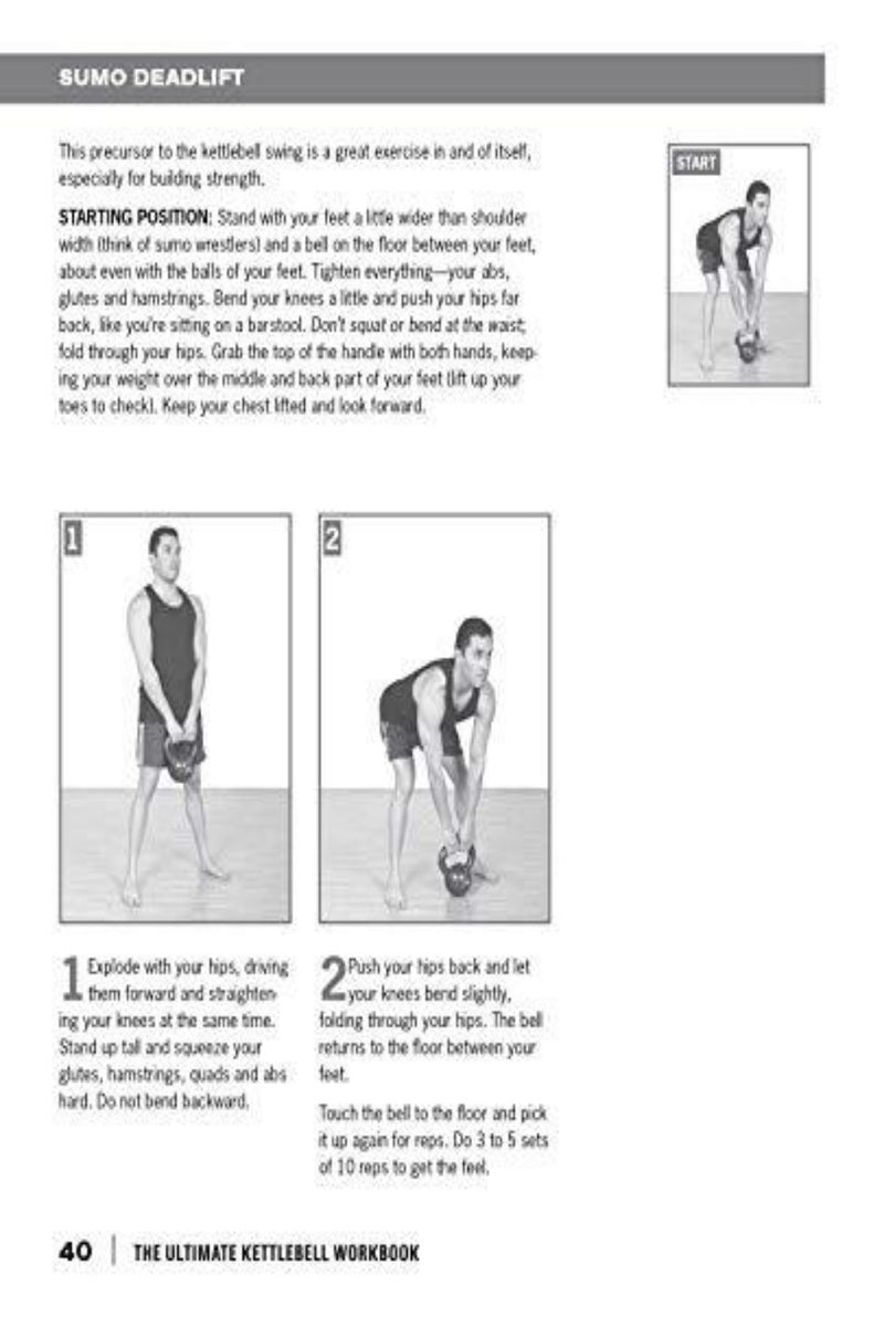 Laad afbeelding in Galerijviewer, De &quot;Ultimate Kettlebells Workbook&quot; is ideaal voor intensieve trainingen en biedt stapsgewijze instructies en illustraties voor sumo deadlift met kettlebell. De beginpositie, opwaartse beweging en de juiste vorm worden gedetailleerd beschreven om uw krachttrainingsroutine te verbeteren.
