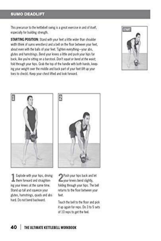 De "Ultimate Kettlebells Workbook" is ideaal voor intensieve trainingen en biedt stapsgewijze instructies en illustraties voor sumo deadlift met kettlebell. De beginpositie, opwaartse beweging en de juiste vorm worden gedetailleerd beschreven om uw krachttrainingsroutine te verbeteren.