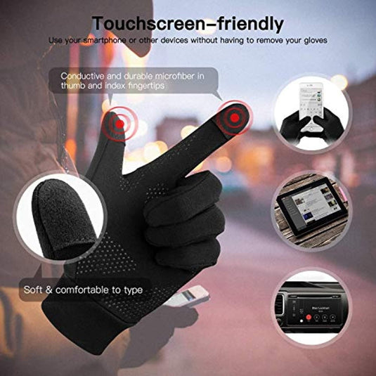 Touchscreen handschoenen met geleidende microvezel op de duim- en wijsvingertoppen, met een antislip grip voor eenvoudig gebruik van smartphone, tablet en autodisplay.