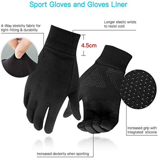 De "Touchscreen handschoenen" zijn warme, comfortabele zwarte sporthandschoenen met antislip grip, touchscreen compatibiliteit en 4-way stretch. Met langere elastische polsen en verhoogde grip met een 4,5 cm maatoptie, zijn deze handschoenen ideale warme sporthandschoenen voor activiteiten in koud weer.