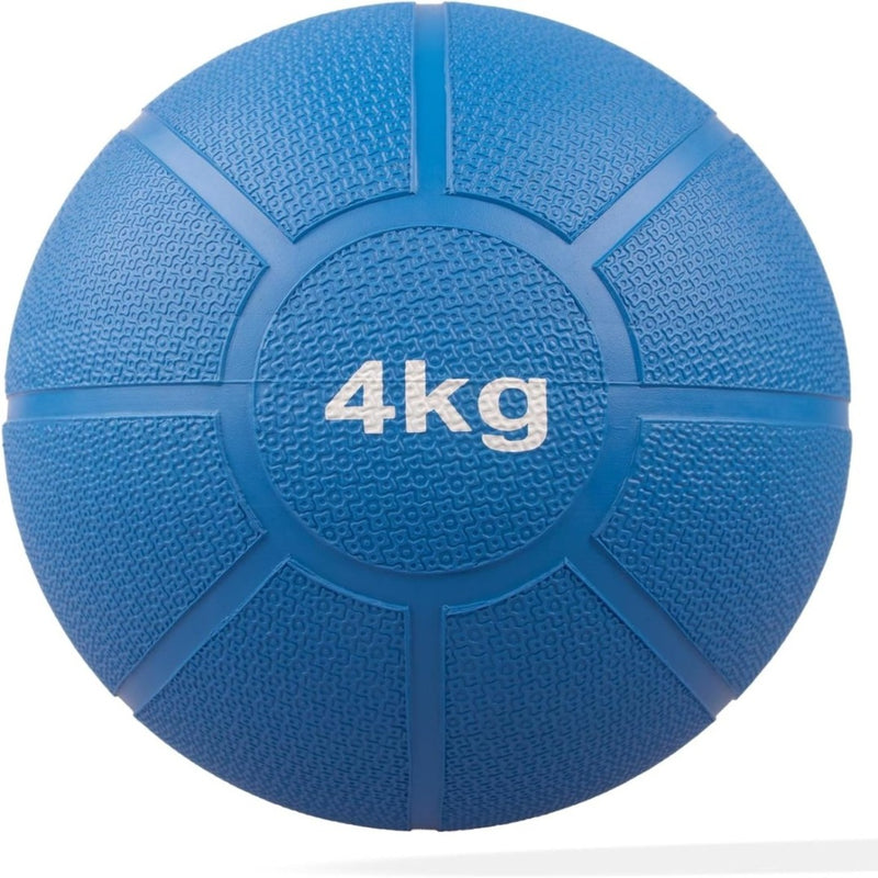 Laad afbeelding in Galerijviewer, Op een blauwe, gestructureerde &quot;Train je lichaam met de medicijnbal&quot; staat de tekst &quot;4kg&quot; in het wit, ideaal voor krachttraining.
