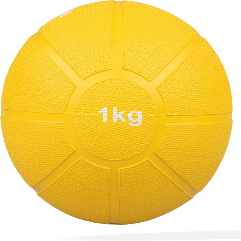 Laad afbeelding in Galerijviewer, Deze gele medicijnbal van 1 kg, ontworpen voor krachttraining met een gestructureerd oppervlak, kun je van bovenaf bekijken in &quot;Train je lichaam met de medicijnbal.
