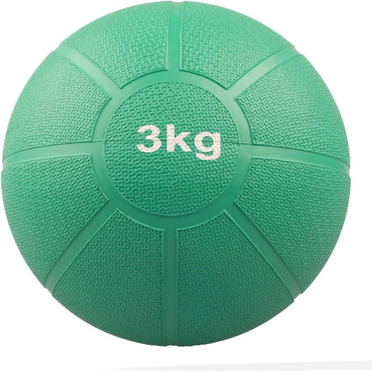 De "Train je lichaam met de medicijnbal" heeft een groen, gestructureerd oppervlak en een gesegmenteerd ontwerp met "3kg" in reliëf op de bovenkant, perfect voor krachttrainingssessies.