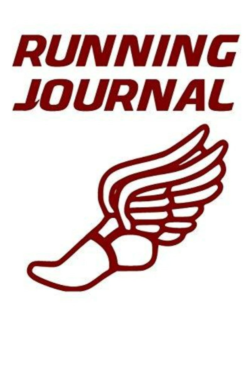 Laad afbeelding in Galerijviewer, Een rode, gevleugelde voetomtrek onder de vetgedrukte tekst &#39;Running Journal&#39; op wit, ideaal voor het bijhouden van trainingen of als een gedetailleerd trainingsdagboek: Hardlooplogboek voor hardlopers met omrekentabellen voor loopbandtempo&#39;s voor 5 km, 10 km, halve marathon en marathon.
