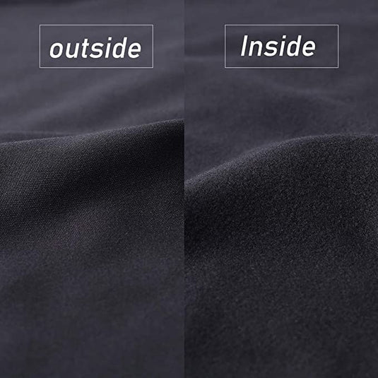Een close-up van premium stof met verschillende texturen aan elke kant, gelabeld met 'outside' en 'inside', perfect voor het multifunctionele gezichtsmasker dat beschermt tegen kou, wind en zon; bekijk de Ontdek de veelzijdigheid en kwaliteit van ons multifunctionele gezichtsmasker!.