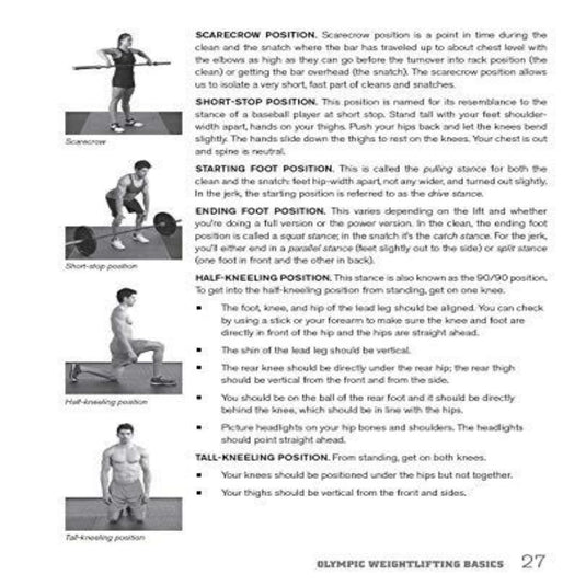 Het boek "Ultimate Olympic Weightlifting" beschrijft halterhefposities zoals de vogelverschrikker, korte stop, startende voet, buigende voet, halfknielend en hoog knielend, allemaal met levendige illustraties die essentieel zijn voor effectieve krachttraining.