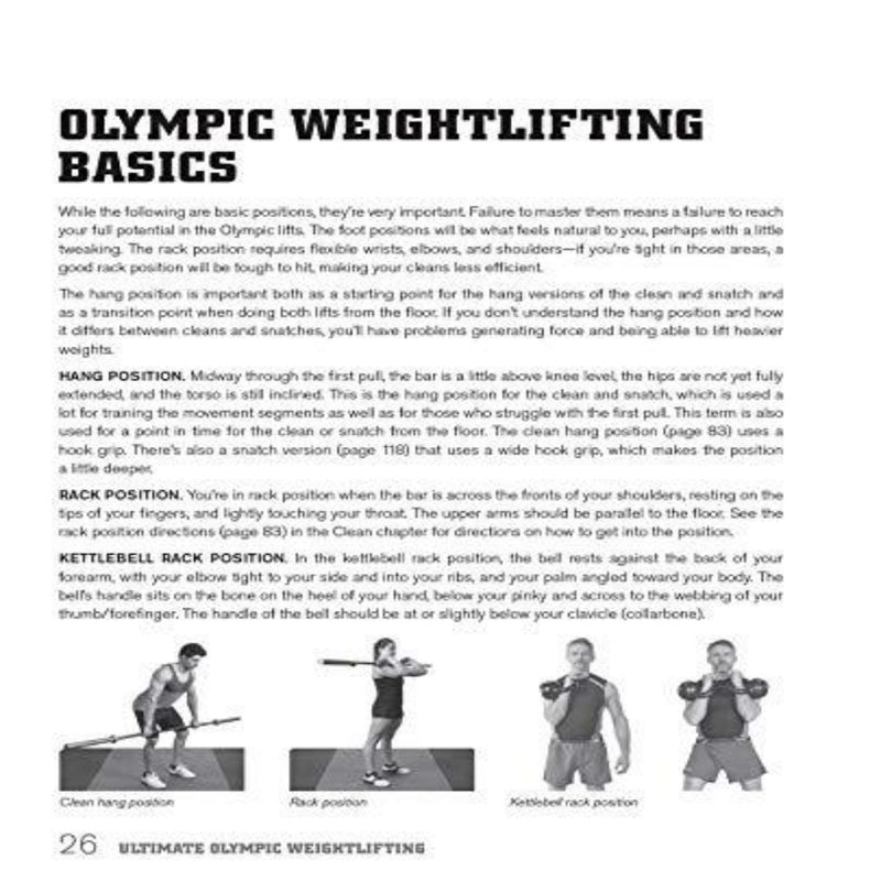 Laad afbeelding in Galerijviewer, Pagina met de titel &quot;Olympic Weightlifting Basics&quot; bevat tekst over hang- en rekposities die cruciaal zijn voor halterheffen, geïllustreerd met drie zwart-witafbeeldingen: clean hang, rek en kettlebell-rek. De inhoud is in lijn met de principes in &quot;Ultimate Olympic Weightlifting: A Complete Guide to Barbell Lifts.
