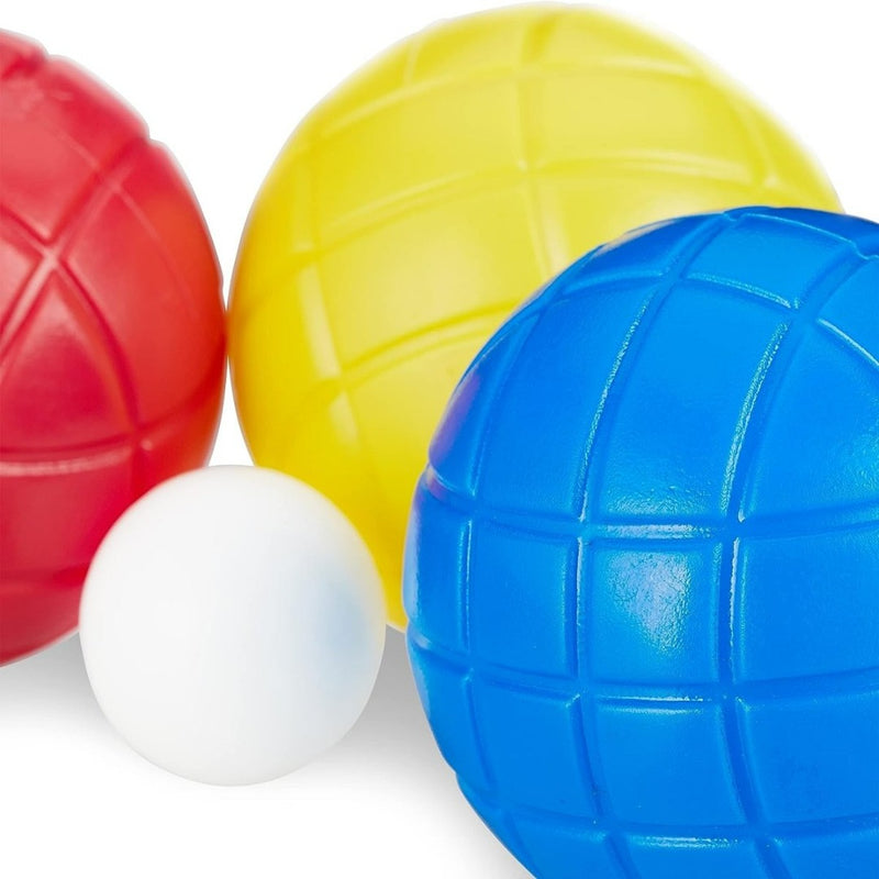 Laad afbeelding in Galerijviewer, Rode, gele en blauwe ballen omringen een kleinere witte op een effen achtergrond en vangen de speelse elegantie van &quot;Beleef het plezier van boccia: Kleurrijk jeu de boules spel voor jong en oud!.
