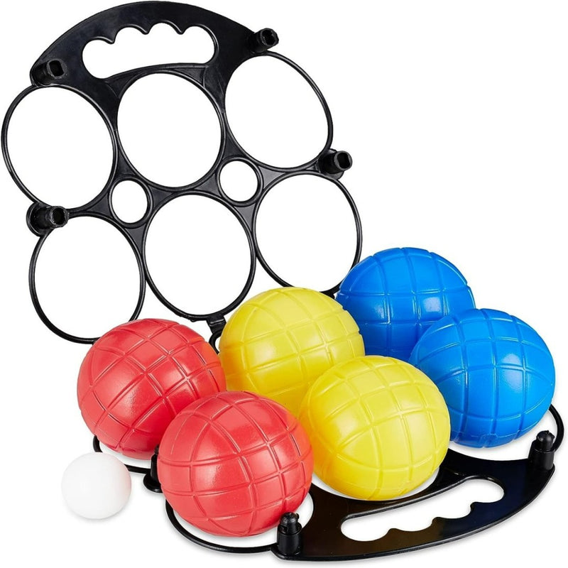 Laad afbeelding in Galerijviewer, De set &quot;Beleef het plezier van boccia&quot; biedt een levendig spelplezier met vier rode en vier gele ballen, één witte pallino, die allemaal handig opgeborgen zijn op een zwart draagrek.
