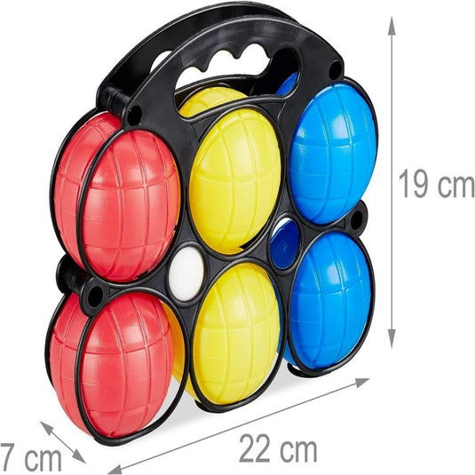 De set "Beleef het plezier van boccia" bestaat uit 3 rode, 3 blauwe, 2 gele en 1 witte bal in een zwarte kunststof houder met handvat. De kleurrijke ballen zijn 22 cm breed, 19 cm hoog en 7 cm diep.