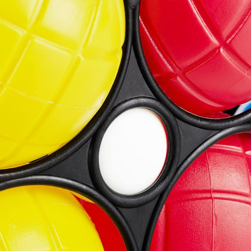 Laad afbeelding in Galerijviewer, Close-up van een zintuiglijk fidget-speeltje met rode, gele en witte getextureerde bubbels in een zwart frame, dat doet denken aan &#39;Beleef het plezier van boccia: Kleurrijk jeu de boules spel voor jong en oud!.
