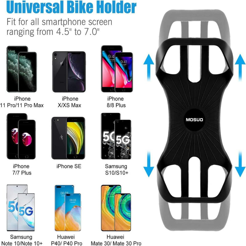 Laad afbeelding in Galerijviewer, De Universele fiets telefoonhouder biedt stevige grip voor iPhones, Samsungs en Huaweis met schermen van 4.5&quot; tot 7.0&quot;. Het zwarte siliconen ontwerp is flexibel en heeft blauwe richtingspijlen voor extra stijl, ideaal om veilig en comfortabel te fietsen met je smartphone.
