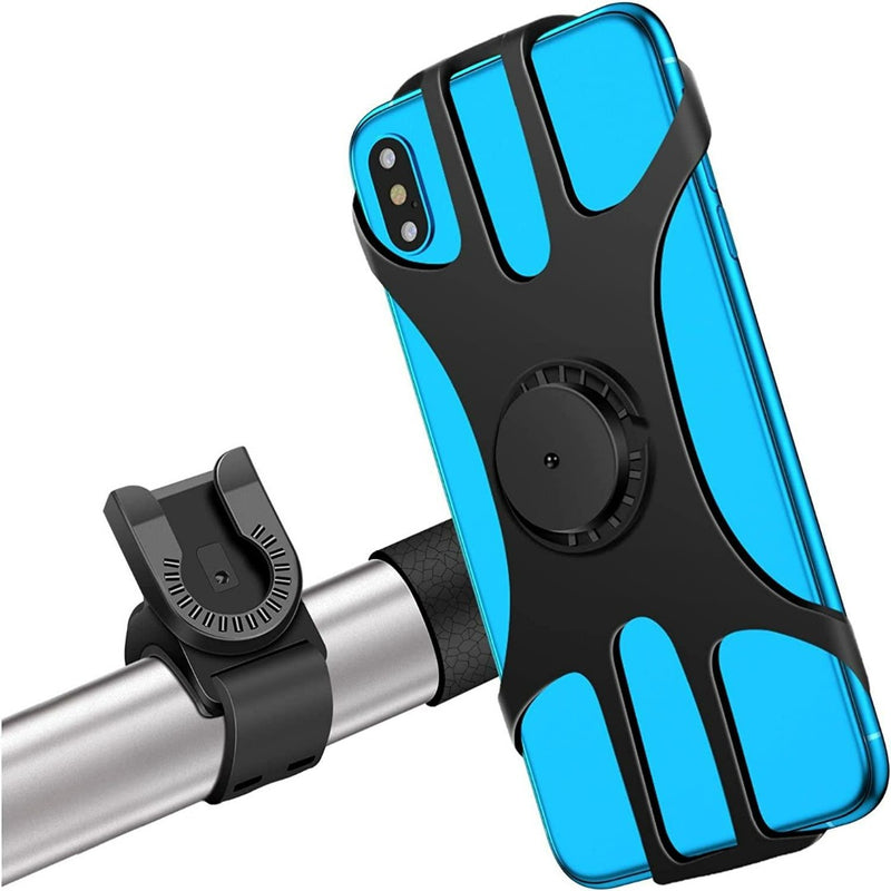 Laad afbeelding in Galerijviewer, Een zwarte telefoonhouder met een blauwe smartphone wordt met een verstelbare klem aan een stang bevestigd, waardoor een stevige grip ontstaat, ideaal als de &quot;Universele fiets telefoonhouder: veilig en comfortabel fietsen met je smartphone.
