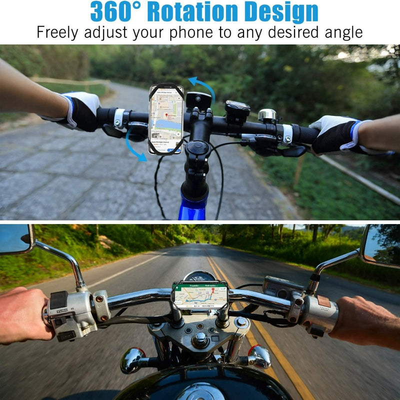 Laad afbeelding in Galerijviewer, Gesplitste afbeelding van een fiets- en motorstuur met telefoonhouders met kaarten. Markeert 360° rotatie voor verstelbare kijkhoeken, stevige grip met siliconen vulling voor stabiliteit. Ideaal als Universele fiets telefoonhouder: veilig en comfortabel fietsen met je smartphone.
