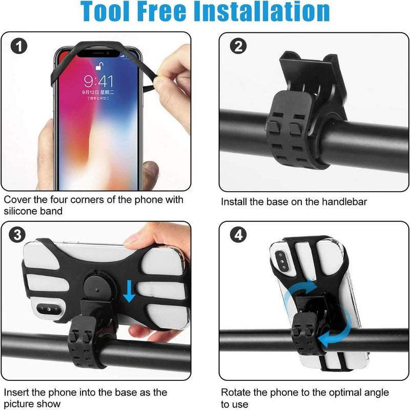 Laad afbeelding in Galerijviewer, Een instructiegrafiek demonstreert de vierstaps, gereedschapsloze installatie van de &quot;Universele fiets telefoonhouder: veilig en comfortabel fietsen met je smartphone&quot; op het stuur. Er wordt gebruik gemaakt van een siliconen band om een stevige grip te garanderen.

