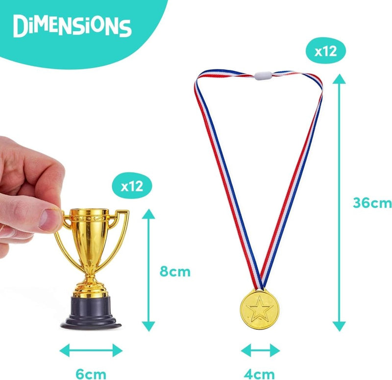 Laad afbeelding in Galerijviewer, Afbeelding van een gouden trofee (8 cm) en een medaille (4 cm breed, 36 cm lang) met een rood, wit en blauw lint. Verkocht in sets van 12, deze &quot;Versier hun prestatie&quot; miniaturen zijn ideale gepersonaliseerde souvenirs voor elk evenement.
