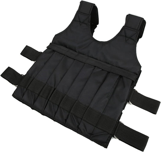 Het Verstelbaar verzwaard vest is een verstelbaar tactisch vest in het zwart met meerdere zakken aan de voorkant, ideaal voor intensieve trainingssessies of als veelzijdige fitnessuitrusting.
