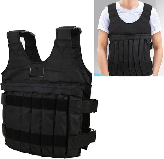 Het Verstelbaar verzwaard vest, perfect voor sporten thuis en in de sportschool, wordt op een persoon en alleen getoond om de bandjes en verstelbare functies te benadrukken, wat comfort en veelzijdigheid garandeert voor fitnessliefhebbers.