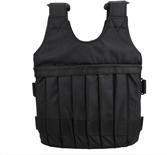 Een zwart tactisch vest met zakken aan de voorkant en verstelbare bandjes aan de zijkant, perfect voor thuis sporten. Dit "Verstelbaar verzwaard vest: de ultieme workout voor thuis en in de sportschool" geeft je fitnessroutine een boost door weerstand toe te voegen.