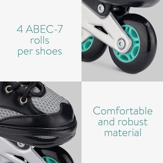 De collage "Verstelbare skeelers voor kinderen" benadrukt de volgende kenmerken: close-up van wielen met het label "4 ABEC-7 rollen per schoen" en schaatsmateriaal met het label "Comfortabel en robuust materiaal". Ideale kinderskeelers die zich aanpassen aan de voeten van uw kind.