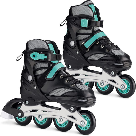 De "Verstelbare skeelers voor kinderen: de perfecte manier om te bewegen" zijn zwart en blauwgroen inline rolschaatsen met elk vier wielen, ontworpen voor een comfortabele pasvorm.