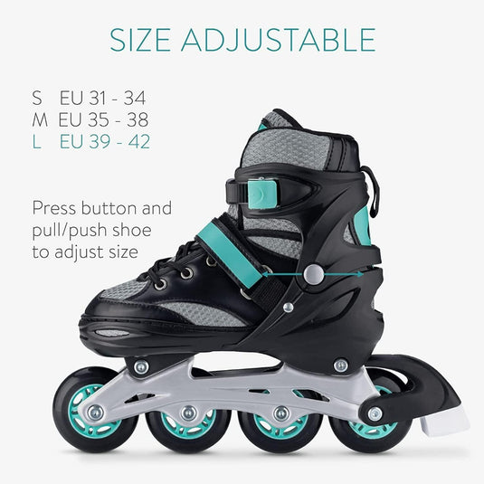 Ontdek de opwinding van onze verstelbare skeelers voor kinderen, met een strak zwart en blauwgroen design met vier wielen. Perfect voor beginnende skaters, verkrijgbaar in de maten S (EU 31-34), M (EU 35-38) en L (EU 39-42). Pas de maat eenvoudig aan met het eenvoudige knopmechanisme.