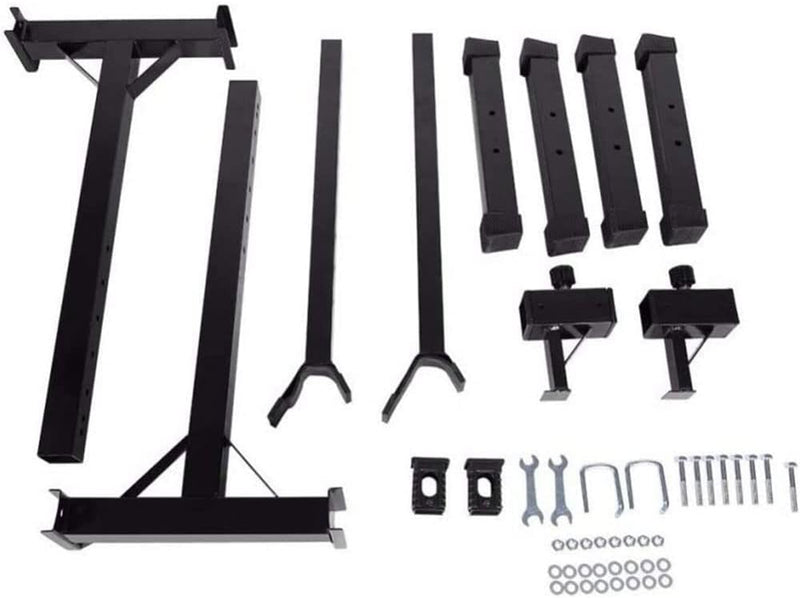 Laad afbeelding in Galerijviewer, Een set zwarte metalen dakdrageronderdelen, perfect voor het vervoeren van uw &quot;Versterk je lichaam: Squat rek voor ultieme trainingsresultaten&quot;, inclusief dwarsbalken, montagebeugels, schroeven en haken, gerangschikt op een witte achtergrond.
