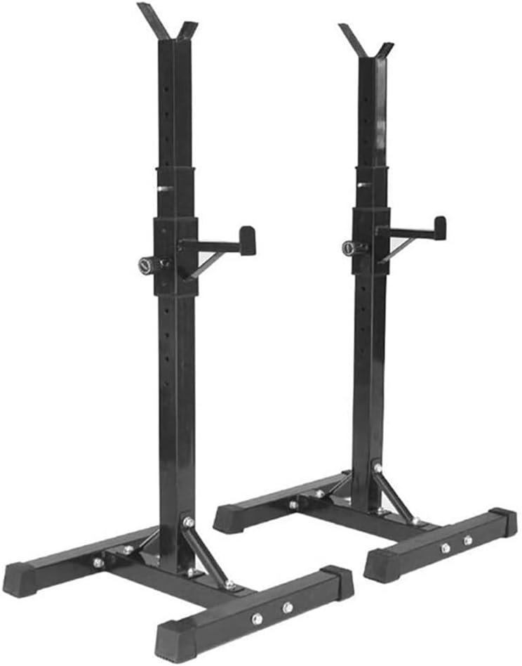 Laad afbeelding in Galerijviewer, Twee zwarte verstelbare squat racks van &quot;Versterk je lichaam&quot; met stevige onderstellen en Y-vormige halterhouders, ideaal voor krachttraining- en fitnessliefhebbers.
