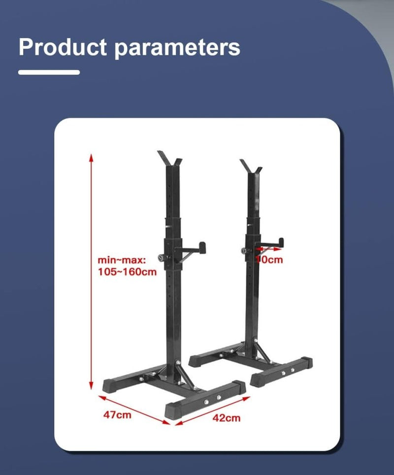 Laad afbeelding in Galerijviewer, Twee verstelbare zwart metalen statieven met Y-vormige houders, perfect voor krachttraining. Afmetingen: hoogte 105-160 cm, breedte 47 cm, diepte voet 42 cm. Productnaam: Versterk je lichaam: Squat rek voor ultieme trainingsresultaten.
