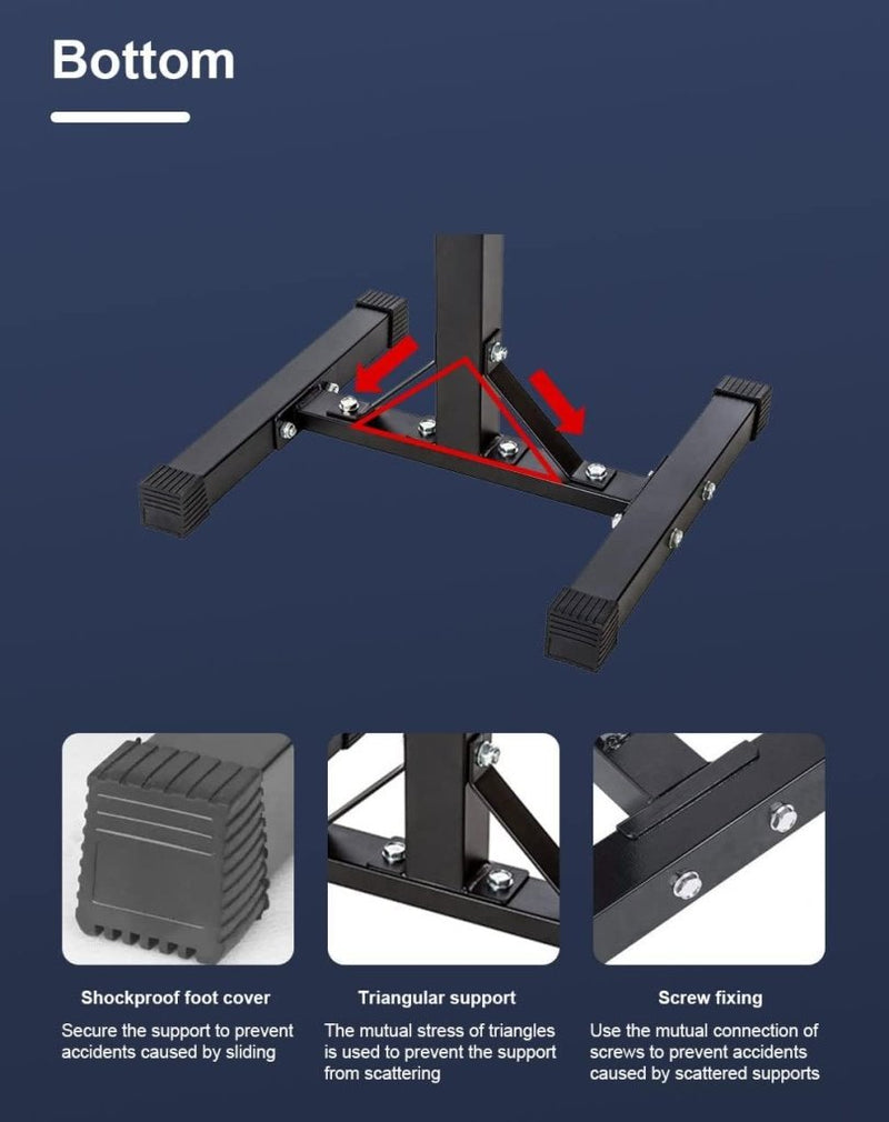 Laad afbeelding in Galerijviewer, De &quot;Versterk je lichaam: Squat rek voor ultieme trainingsresultaten&quot; bevat een basisdiagram met gelabelde onderdelen: schokbestendige voetovertrek, driehoekige steun en schroefbevestiging. Deze onderdelen zijn allemaal ontworpen om de stabiliteit te verbeteren en ongelukken te voorkomen voor veiligere krachttraining.
